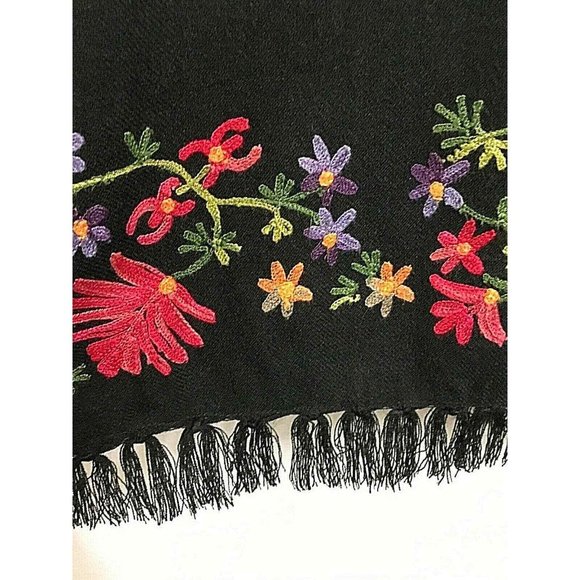 Vintage Black Midi Skirt XL Crewel Floral Embroidery Border Fringed Hem - Picture 6 of 8